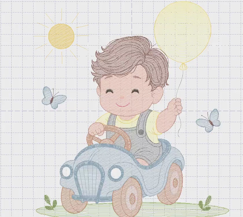 Baby Boy with old car embroidery designs - Toddler playing machine embroidery pattern - Boy with balloon - Instant digital download pes jef