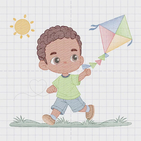 Boy playing with Kite embroidery designs - Baby Boy with black curly hair machine embroidery pattern - Kid Toy Sun Grass - Instant download