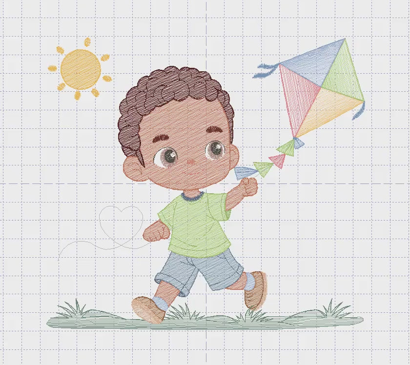 Boy playing with Kite embroidery designs - Baby Boy with black curly hair machine embroidery pattern - Kid Toy Sun Grass - Instant download