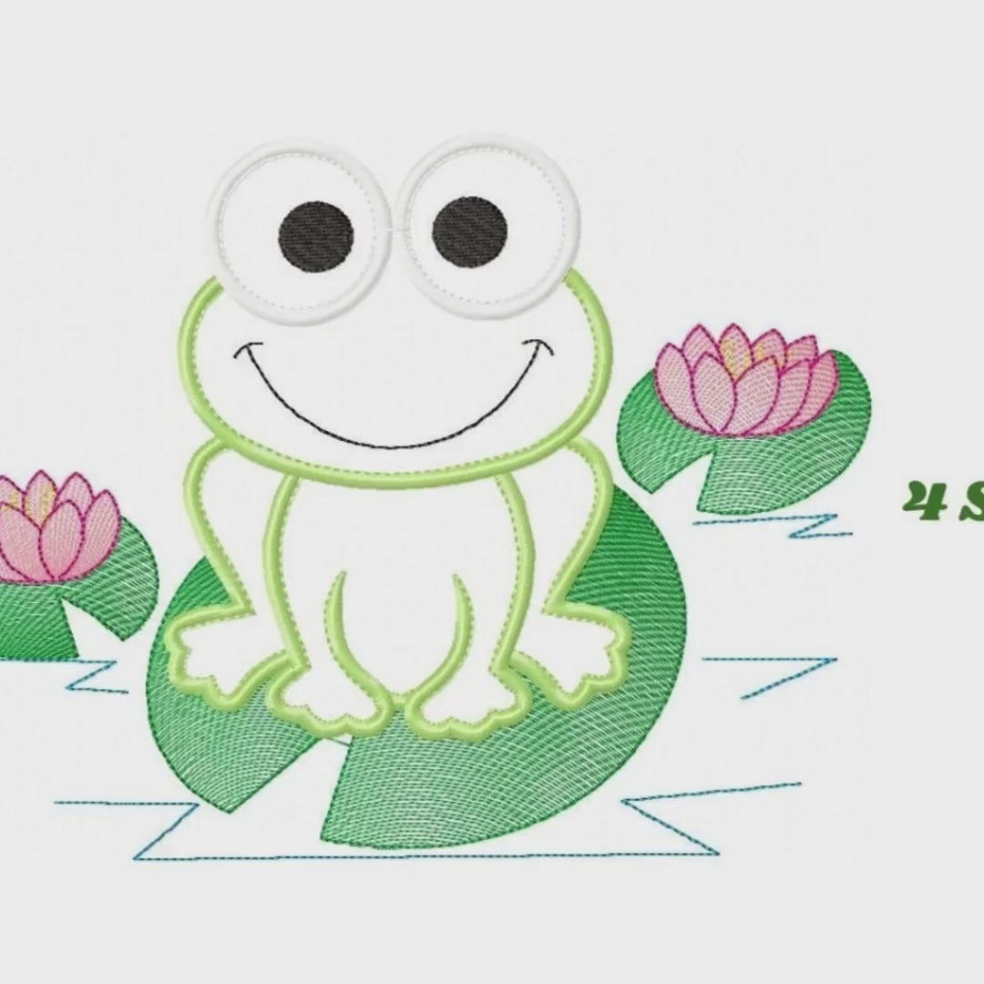 Frog Applique Embroidery Design, Happy Frog Face, Water Lily Machine Pattern (Instant Download)