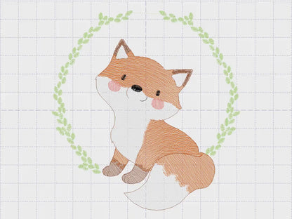 Fox embroidery designs - Red Fox with laurel frame machine embroidery pattern - Woodland Wild Animal file - Baby boy - Instant download pes