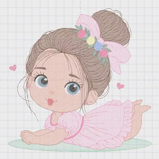 Baby girl with flowers embroidery designs - Princess with long hair and lace machine embroidery pattern - Instant digital download pes dst