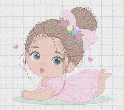 Baby girl with flowers embroidery designs - Princess with long hair and lace machine embroidery pattern - Instant digital download pes dst