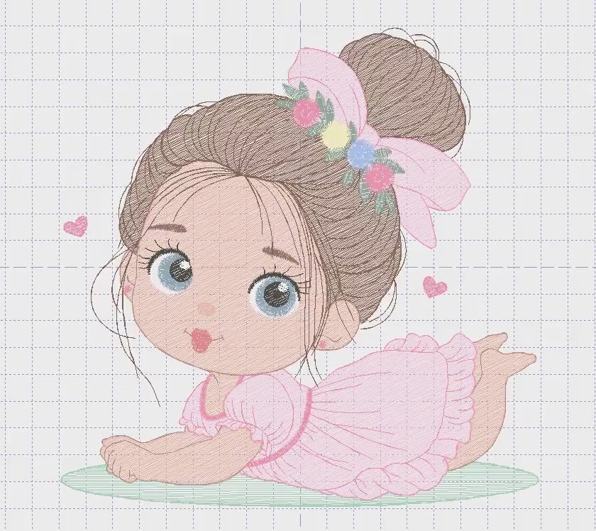 Baby girl with flowers embroidery designs - Princess with long hair and lace machine embroidery pattern - Instant digital download pes dst
