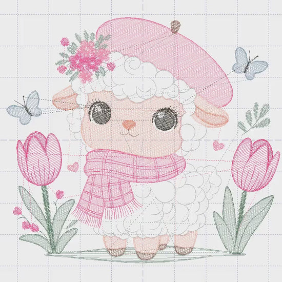 Sheep embroidery design - Lamb embroidery designs machine embroidery pattern - Girl embroidery - sheep with scarf hat beret tulip - download