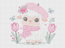 Load and play video in Gallery viewer, Sheep embroidery design - Lamb embroidery designs machine embroidery pattern - Girl embroidery - sheep with scarf hat beret tulip - download
