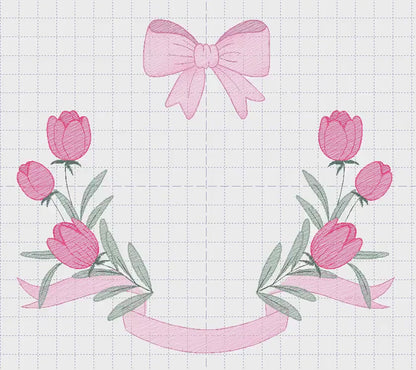 Monogram Tulip Frame embroidery designs - Flower wreath machine embroidery pattern - Floral Kitchen Towel file - Instant digital download