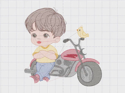 Boy with motorcycle embroidery designs - Boy embroidery design machine embroidery pattern -  Motorcyclist Biker Chopper - instant download