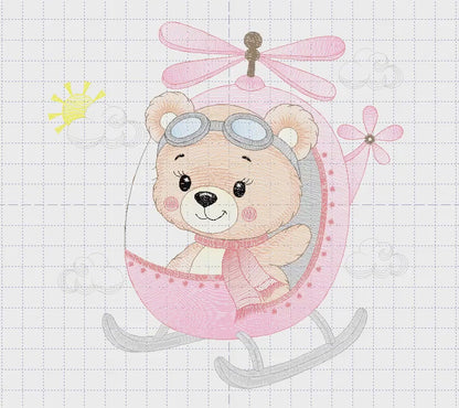 Helicopter embroidery designs - Chopper machine embroidery pattern - Baby Girl Bear file - Instant digital download pes jef dst hus vp3 xxx