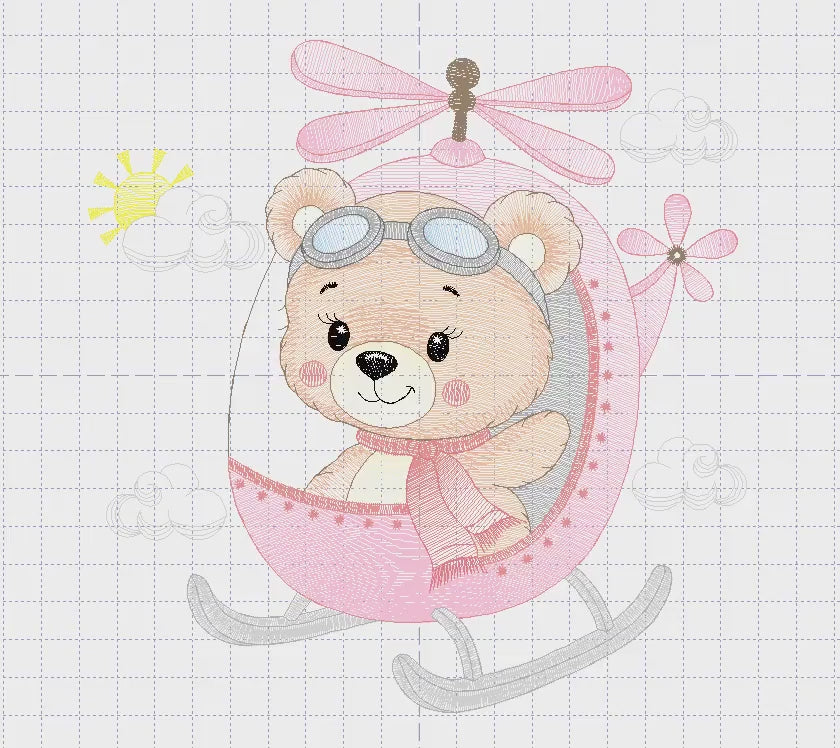 Helicopter embroidery designs - Chopper machine embroidery pattern - Baby Girl Bear file - Instant digital download pes jef dst hus vp3 xxx