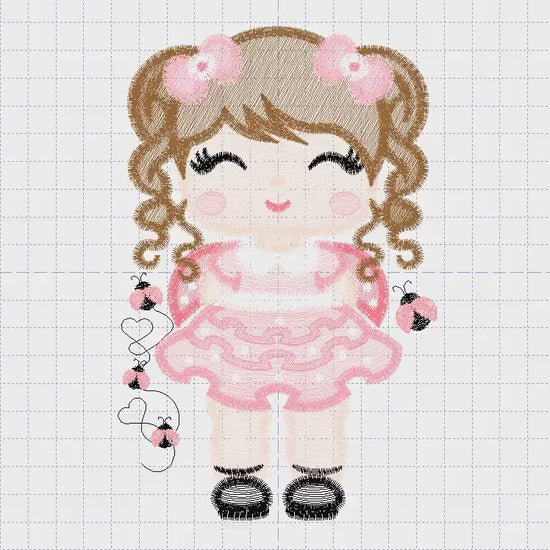 Princess with curly hair embroidery designs - Girl with long hair machine embroidery pattern - Girl dressed as ladybug - Instant download