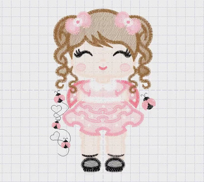 Princess with curly hair embroidery designs - Girl with long hair machine embroidery pattern - Girl dressed as ladybug - Instant download