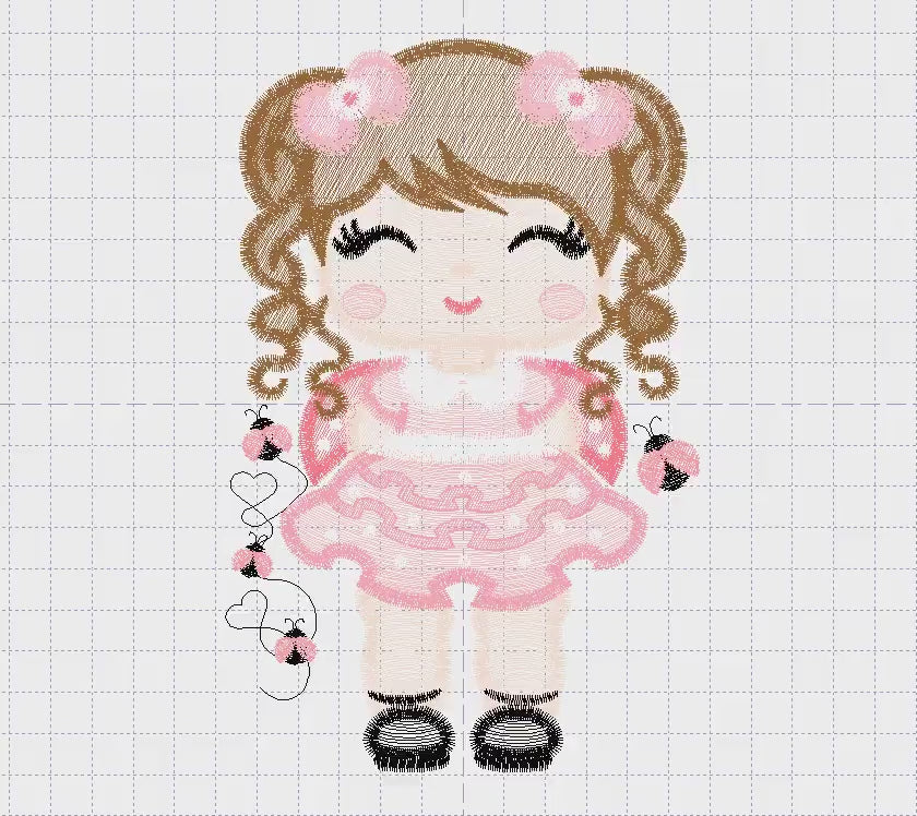 Princess with curly hair embroidery designs - Girl with long hair machine embroidery pattern - Girl dressed as ladybug - Instant download