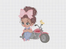 Load and play video in Gallery viewer, Girl with bike embroidery designs - Baby Girl embroidery design machine embroidery pattern - Scooter embroidery file - Motorcycle Chopper
