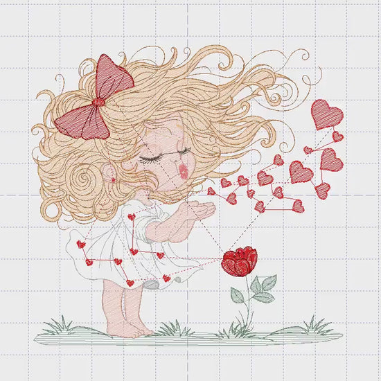 Long hair Girl embroidery designs - Girl blowing kisses and hearts embroidery design machine embroidery pattern - Girl with flower download
