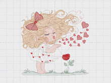 Carica e avvia il video nel visualizzatore di galleria, Long hair Girl embroidery designs - Girl blowing kisses and hearts embroidery design machine embroidery pattern - Girl with flower download
