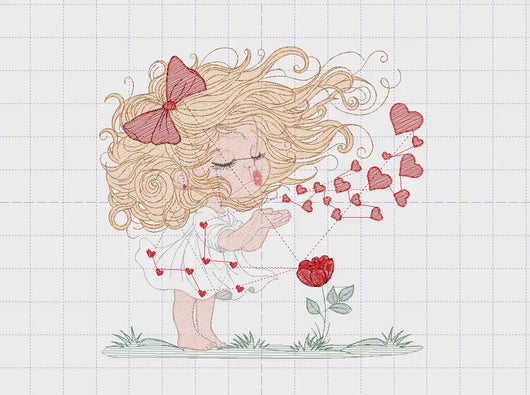 Long hair Girl embroidery designs - Girl blowing kisses and hearts embroidery design machine embroidery pattern - Girl with flower download