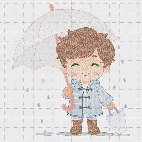 Baby boy with umbrella embroidery design - Boy in the rain machine embroidery pattern - Raining cold winter file - Instant download pes jef