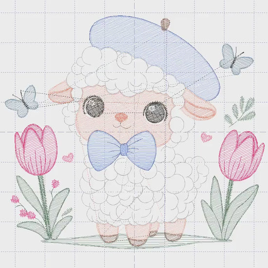 Sheep embroidery design - Lamb with beret machine embroidery pattern - Baby Boy Sheep with tie and hat - Instant digital download pes jef