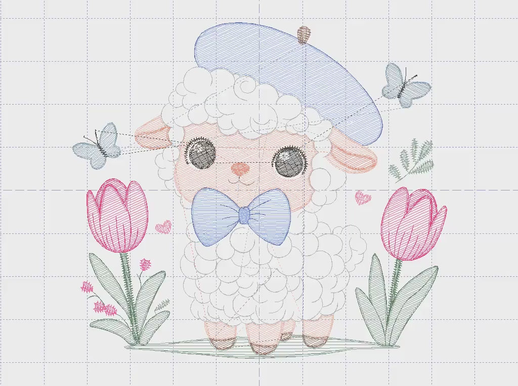 Sheep embroidery design - Lamb with beret machine embroidery pattern - Baby Boy Sheep with tie and hat - Instant digital download pes jef