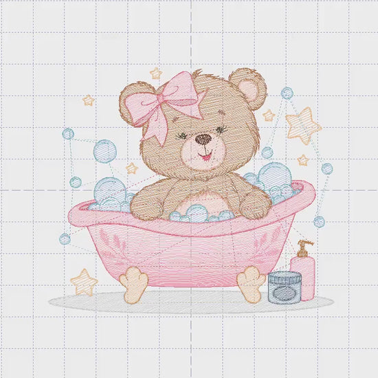 Bathing Bear embroidery designs - Baby girl embroidery design machine embroidery pattern - Bear with soap bubbles embroidery download pes