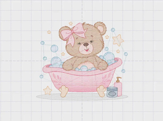 Bathing Bear embroidery designs - Baby girl embroidery design machine embroidery pattern - Bear with soap bubbles embroidery download pes