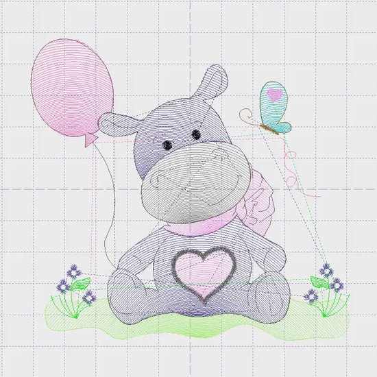 Hippo embroidery designs - Safari wild animal machine embroidery pattern - Baby Girl Hippo with balloon and butterfly - Instant download pes