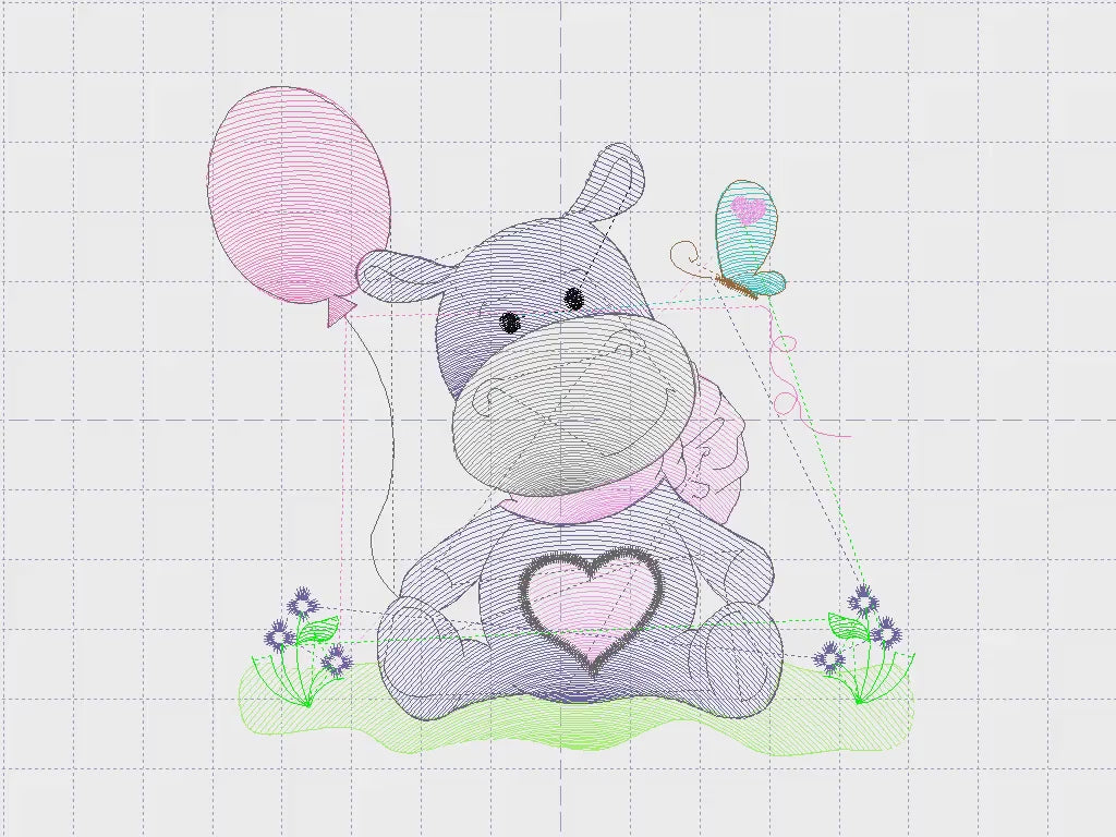 Hippo embroidery designs - Safari wild animal machine embroidery pattern - Baby Girl Hippo with balloon and butterfly - Instant download pes