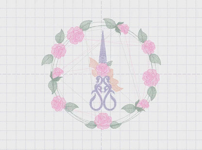 Scissors with flowers and Frame embroidery designs - Scissors embroidery design machine embroidery pattern - Rose wreath embroidery download
