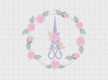 Carica e avvia il video nel visualizzatore di galleria, Scissors with flowers and Frame embroidery designs - Scissors embroidery design machine embroidery pattern - Rose wreath embroidery download
