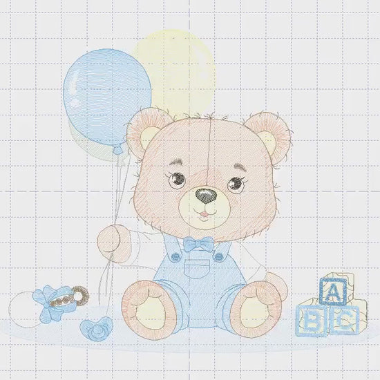 Party Bear with toys embroidery designs - Baby Boy Bear with balloons embroidery design machine embroidery pattern - instant download pes