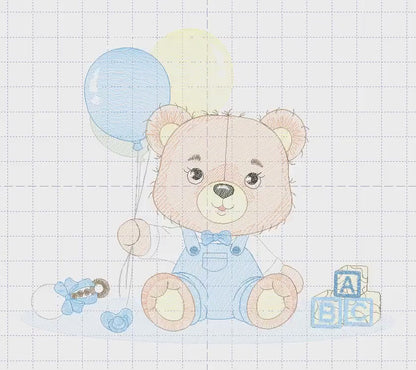 Party Bear with toys embroidery designs - Baby Boy Bear with balloons embroidery design machine embroidery pattern - instant download pes