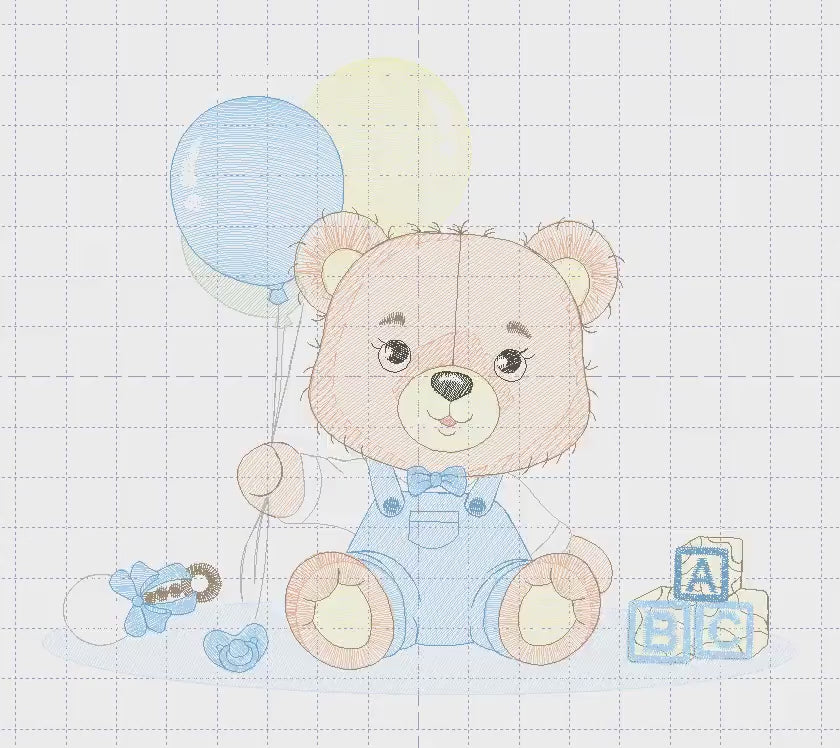 Party Bear with toys embroidery designs - Baby Boy Bear with balloons embroidery design machine embroidery pattern - instant download pes