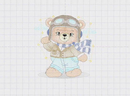 Pilot Bear Embroidery Design, Aviator Teddy Machine Pattern (Digital Download)
