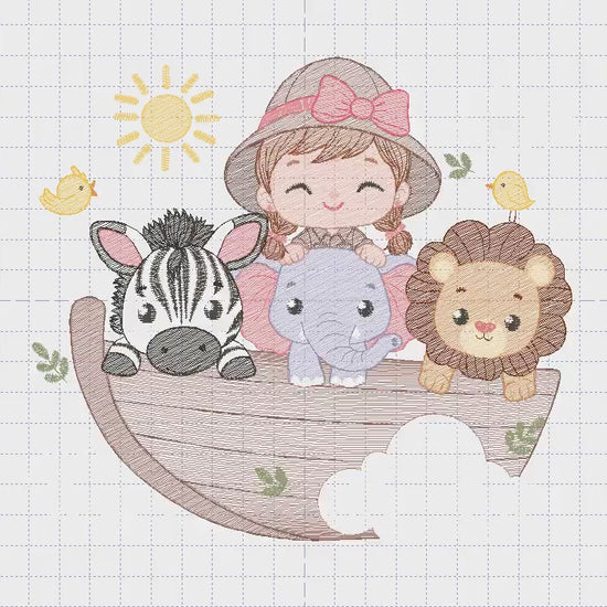 Safari Wild Animal embroidery designs - Elephant Zebra Lion in a boat machine embroidery pattern - Baby Girl Explorer - Instant download pes