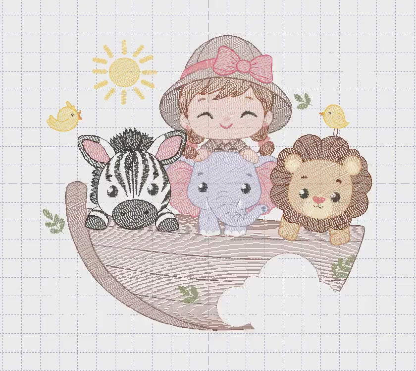 Safari Wild Animal embroidery designs - Elephant Zebra Lion in a boat machine embroidery pattern - Baby Girl Explorer - Instant download pes