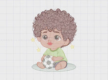 Load and play video in Gallery viewer, Baby boy embroidery designs - Soccer embroidery design machine embroidery file - Boy with ball and curly hair embroidery - Soccer player
