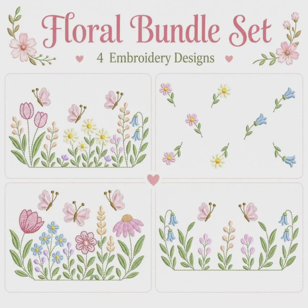 Floral machine embroidery bundle, Butterfly and flower design, Instant download for sewists