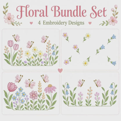 Floral machine embroidery bundle, Butterfly and flower design, Instant download for sewists