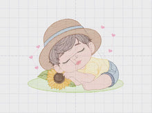 Carica e avvia il video nel visualizzatore di galleria, Baby boy embroidery design - Boy with hat embroidery designs machine embroidery pattern - Kid sleeeping with sunflower embroidery download
