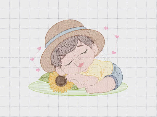 Baby boy embroidery design - Boy with hat embroidery designs machine embroidery pattern - Kid sleeeping with sunflower embroidery download