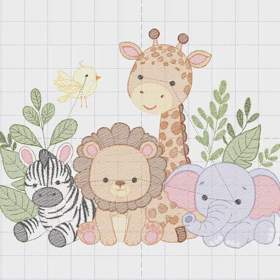 Safari animals embroidery designs - Elephant embroidery design machine embroidery pattern - Giraffe Zebra Lion tropical plants - download