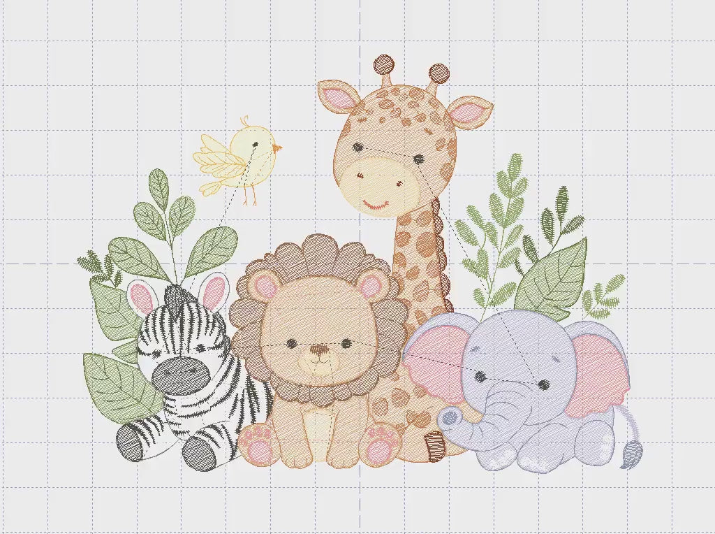 Safari animals embroidery designs - Elephant embroidery design machine embroidery pattern - Giraffe Zebra Lion tropical plants - download