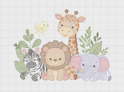 Safari animals embroidery designs - Elephant embroidery design machine embroidery pattern - Giraffe Zebra Lion tropical plants - download