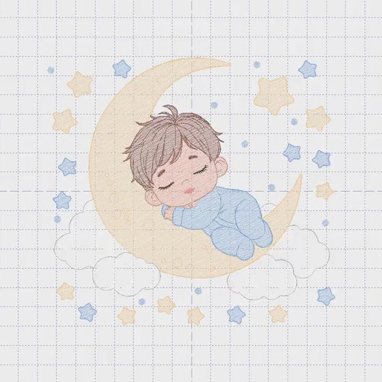 Boy sleeping in the moon embroidery design - Half moon with clouds and stars embroidery design machine embroidery pattern - instant download