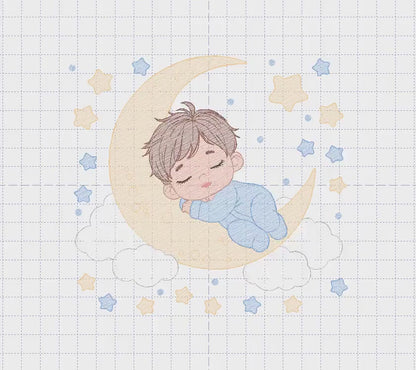 Boy sleeping in the moon embroidery design - Half moon with clouds and stars embroidery design machine embroidery pattern - instant download