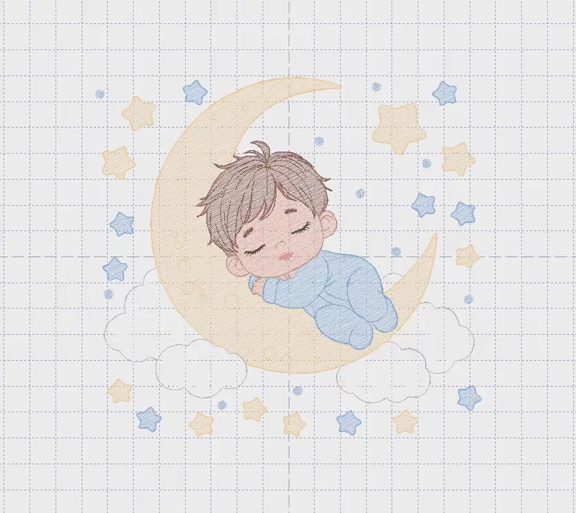 Boy sleeping in the moon embroidery design - Half moon with clouds and stars embroidery design machine embroidery pattern - instant download