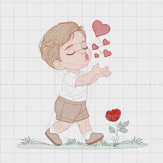 Boy blowing kisses and hearts embroidery design - Boy with flowers embroidery designs machine embroidery pattern - Instant download pes jef