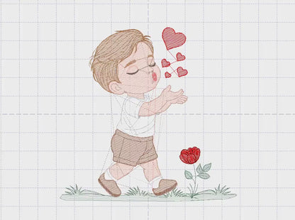 Boy blowing kisses and hearts embroidery design - Boy with flowers embroidery designs machine embroidery pattern - Instant download pes jef