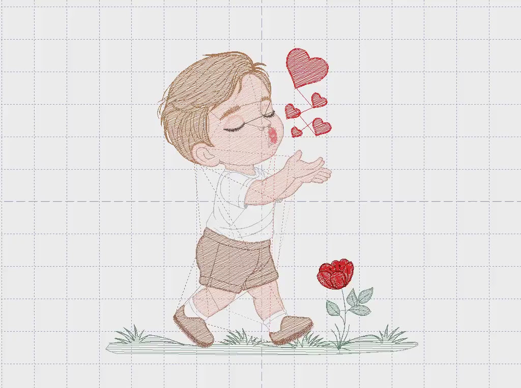 Boy blowing kisses and hearts embroidery design - Boy with flowers embroidery designs machine embroidery pattern - Instant download pes jef